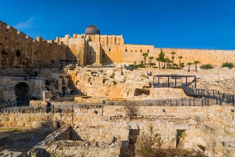 Stone walls, arches, and the southern edge of the Temple Mount in Jerusalem
