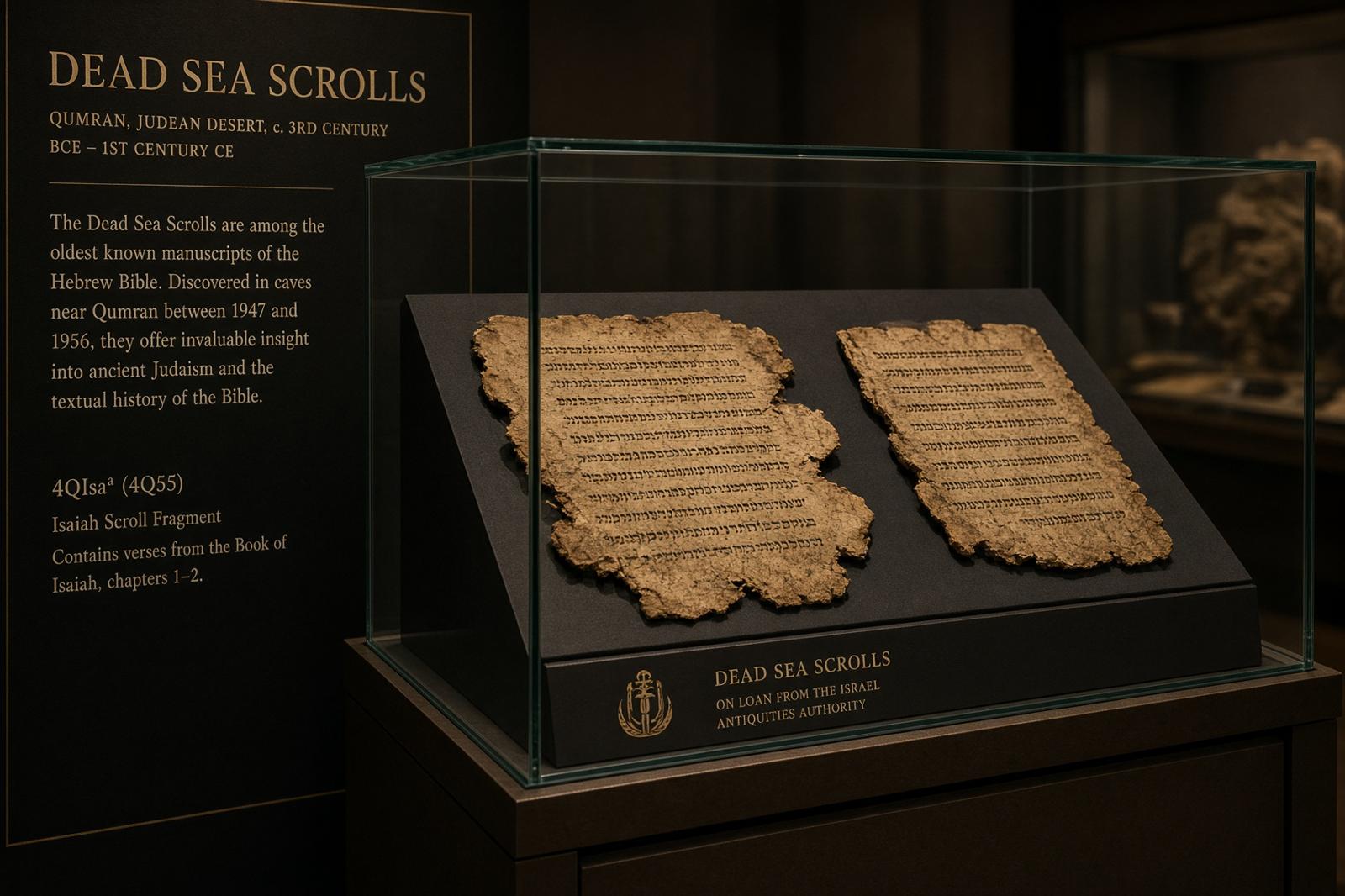 Two fragments of the Isaiah Scroll from the Dead Sea Scrolls, displayed under glass