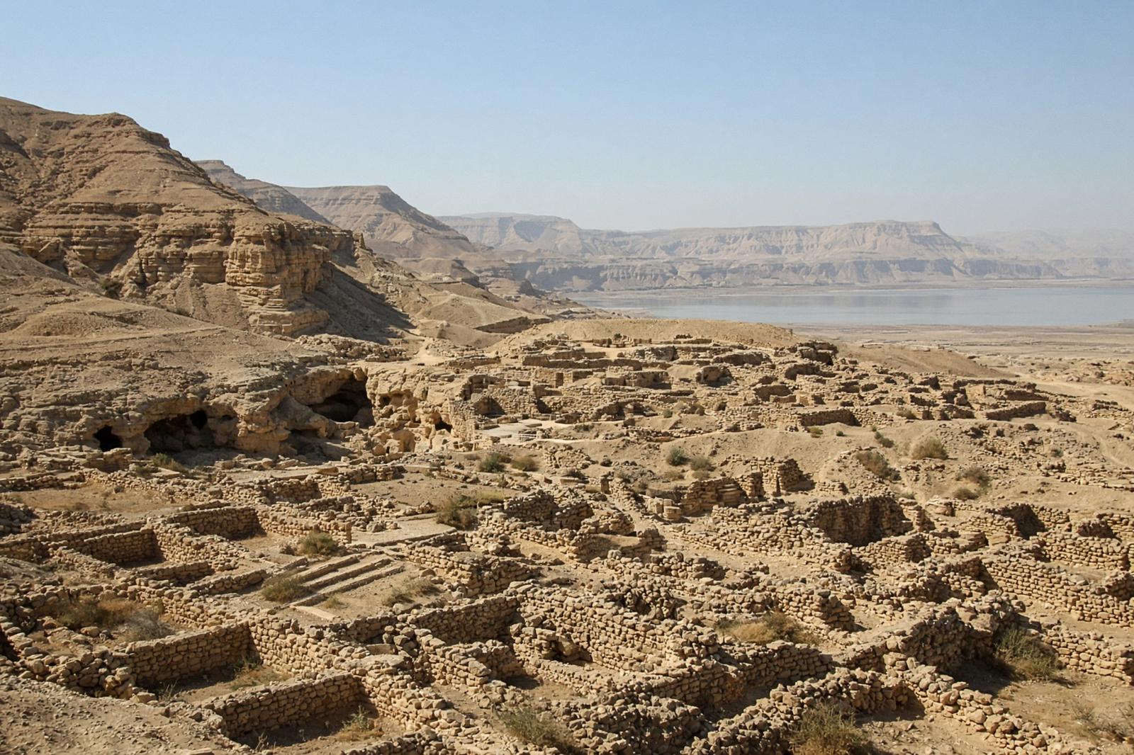 The ruins of Qumran on the shore of the Dead Sea